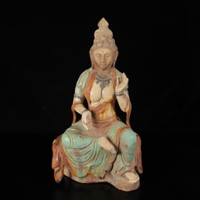 An Exquisite Tang Tri-Color Glazed Pottery Statue of Avalokitesvara Ornament