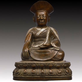 A Solemn Bronze Inlaid Silver Statue of Guru, With Inscription