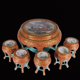 A Set of Fine Enamel Painted Gold Pine and Horse Pattern End Table,With five Enamel Flower Pattern