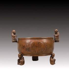 An Exquisite Bronze Shou-Character Pattern Double-Ears and Tripod Censer