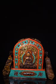 A Rare Bronze Inlaid Dzi Bead and Turquoise Buddha Statue Box