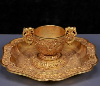 An Exquisite Gilt Bronze Phoenix Pattern Double-Ears Cup with Phoenix Pattern Plate