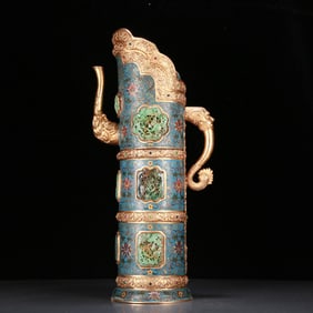 A precious cloisonne inlaid greenish jade dragon pattern bamboo teapot