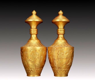 A Pair of Fine Gilt Bronze Hunting Pattern Bottle