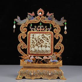 A Rare Gilt Inlaid White Jade Pine and Crane Pattern Ornament,Inlaid Gems