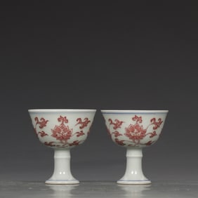 A Pair of Exquisite Underglaze-Red Lotus Pattern Stem Cups
