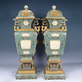 A Pair of Huge Cloisonne Inlaid White Jade Lotus and Dragon Pattern Phoenix Bottles,With Base