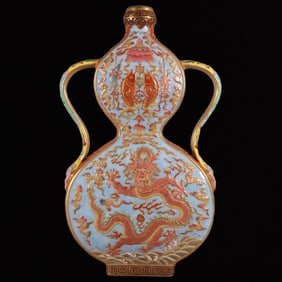 A Rare Enamel Painted Gold Seawater and Dragon Pattern Double-Ears Gourd-Shaped Vase