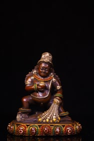 A Rare Bronze Inlaid Dzi Bead and Gems Statue of Mammon