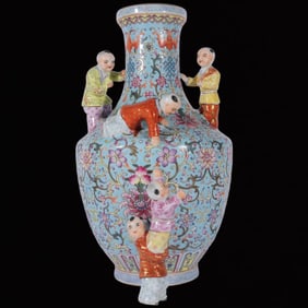 A Rare Enamel Green Ground Figure and Lotus Pattern Vase