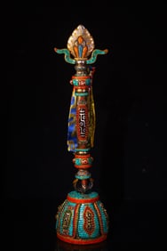 A Rare Bronze Inlaid Dzi Bead and Turquoise Ritual Implement