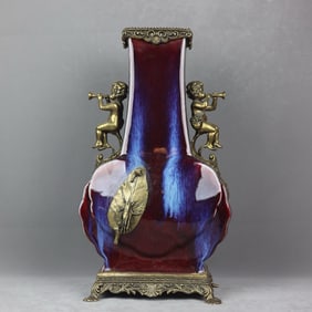 A Huge Flambe Glazed Inlaid Bronze Figure Double-Ears Vase
