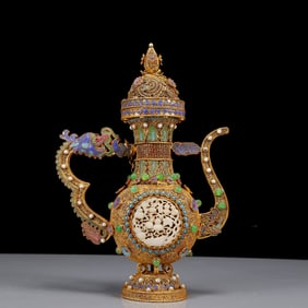 A Rare Gilt Inlaid White Jade Gourd Pattern Dragon-Handle Ewer,Inlaid Gems