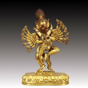 A Solemn Gilt Bronze Statue of Vajra,Inlaid Turquoise,With Inscription