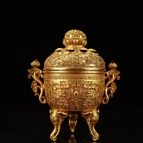 An Exquisite Gilt Bronze Lotus Pattern Double-Ears Elephant-Legs Censer, Inlaid Gems