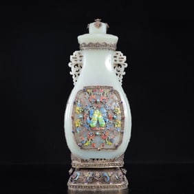 An Exquisite Silver-gilt Inlaid White Jade Bats and Peach Pattern Vase