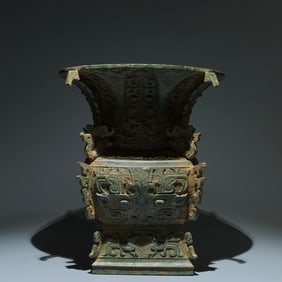 An Archaic Bronze Beast-Face Pattern Four-ram Square Zun