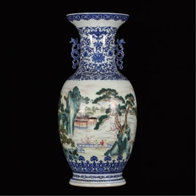 A Huge Blue and White Famille-Rose Landscape and Figure Pattern Double-Ears Vase