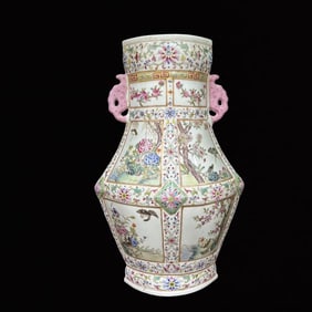 A Exquisite Famille-Rose Flower and Bird Pattern Double-Ears Vase