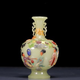 An Exquisite Greenish Jade Inlaid Gems Character and Story Pattern Vase