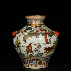 A Rare Wucai Character and Story Pattern Double-Ears Jar