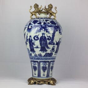 A Huge Blue and White Figure and Story Pattern Inlaid Bronze Lion-Ears Vase