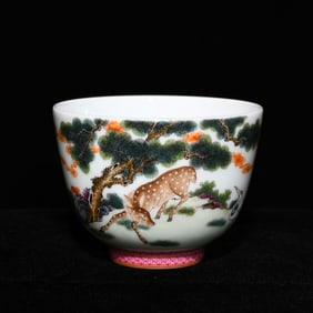 A Precious Famille-Rose Pine and Deer Pattern Cup, With Poem