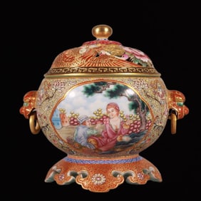 An Exquisite Enamel Painted Gold Character and Story Pattern Lion-Ears Censer