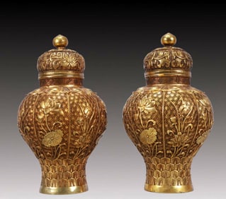 A Pair of Rare Gilt Bronze Lotus Pattern Cover Jars