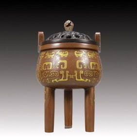 An Exquisite Gilt Bronze Inlaid Dzi Bead Beast-Face Pattern Double-Ears and Tripod Censer