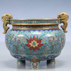 An Exquisite Cloisonne Lotus Pattern Beast-Ears Tripod Censer