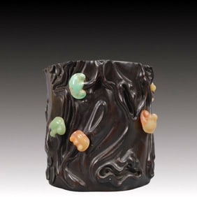 An Exquisite Zitanwood Inlaid Jade Ganoderma lucidum Pattern Brush Pot