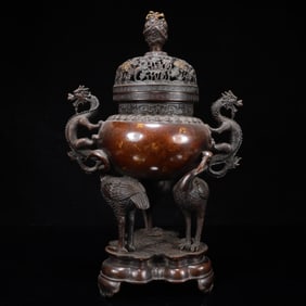 A Rare Gilt Bronze Dragon and Crane Pattern Double-Ears and Tripod Censer