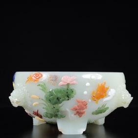 An Exquisite White Jade Inlaid Gems Flower and Fish Pattern Tripod Jar