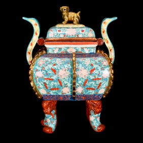 A Huge Enamel Flower Pattern Double-Ears Four Legs Censer