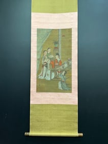 A Chinese Vertical Scroll Ink Painting of Character and Story on Silk