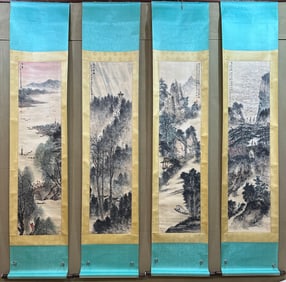 A Set of Chinese Vertical Scroll Ink Painting of Landscape on Paper
