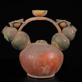 An Exquisite Tang Tri-Color Glazed Pottery Gourd-Shaped Ewer