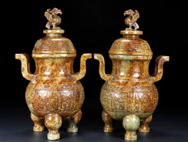 A Pair of Exquisite White Jade Chi-Dragon Pattern Double-Ears and Tripod Censers
