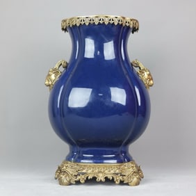 A Huge Ji Blue Glazed Inlaid Bronze Sheep-Ears Vase