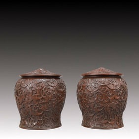 A Pair of Exquisite Zitanwood Flower Pattern Cover Jars