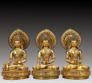 A Set of Solemn Gilt Bronze Statue of Sakyamuni,Inlaid Turquoise