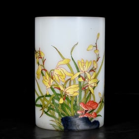 An Exquisite Enamel Orchid Pattern Brush Pot,With Poem