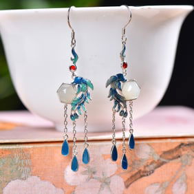 A Pair of Exquisite Sterling Silver Inlaid White Jade Enamel Earrings