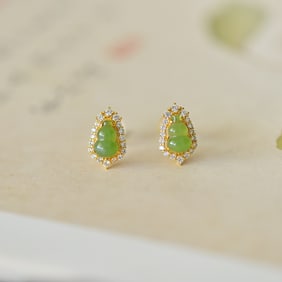 A Pair of Exquisite Sterling Silver-Gold Plated Inlaid Jasper Earrings,Inlaid Diamond