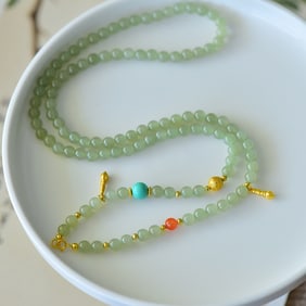 An Exquisite Sterling Silver-Gold Plated Inlaid Greenish Jade Necklace