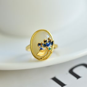 An Exquisite Sterling Silver-Gold Plated Inlaid White Jade Enamel Ring,Inlaid Gems