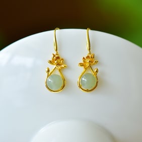 A Pair of Exquisite Sterling Silver-Gold Plated Inlaid Greenish Jade Earrings