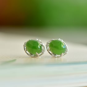 A Pair of Exquisite Sterling Silver Inlaid Jasper Earrings,Inlaid Diamond