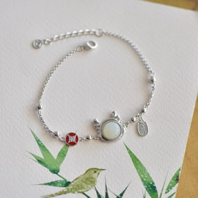 An Exquisite Sterling Silver Inlaid White Jade Enamel Bracelet